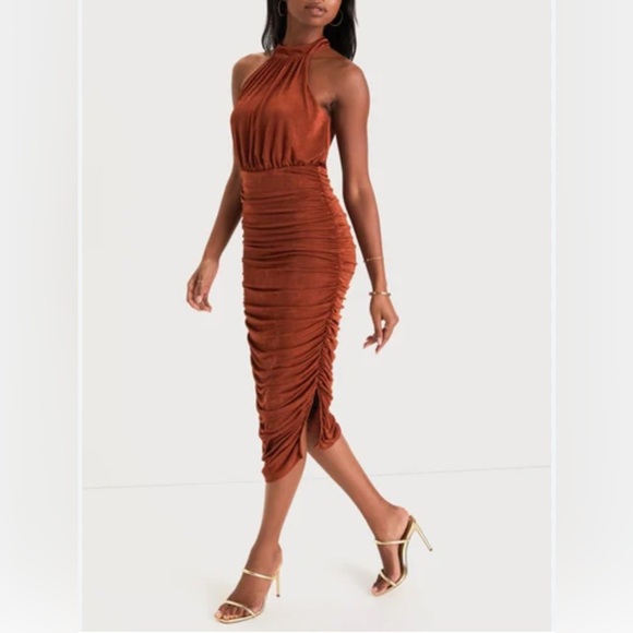 Lulus Dresses & Skirts - Lulus Irresistible Presence Rust Halter Ruched Bodycon Midi Dress Small